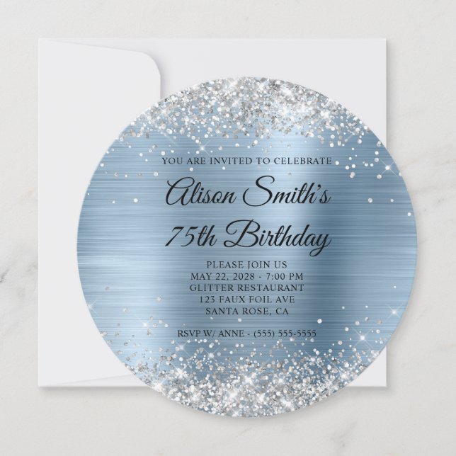 Invitation Glitter Argent Lumière Bleu Clair Monogramme 75e A (Devant)