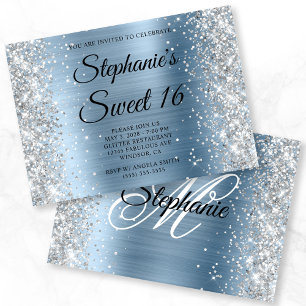 Invitation Glitter Argent Lumière Bleue Monogramme Sweet 16