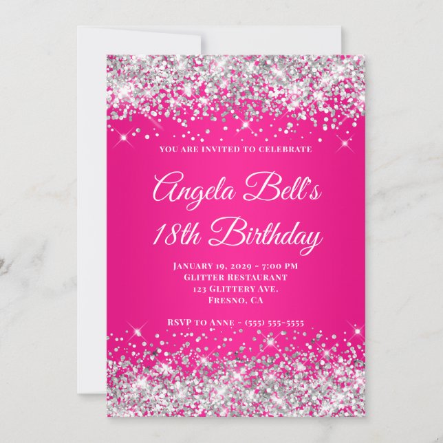 Invitation Glitter Argent Ombré Rose Chaud 18e Anniversaire (Devant)