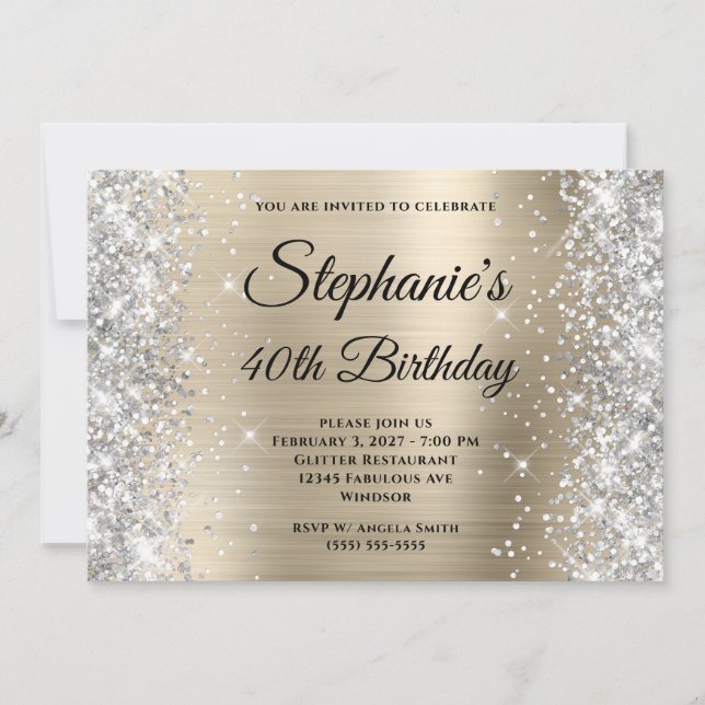Invitation Glitter Argent Or Pâle Monogram 40e Anniversaire (Devant)