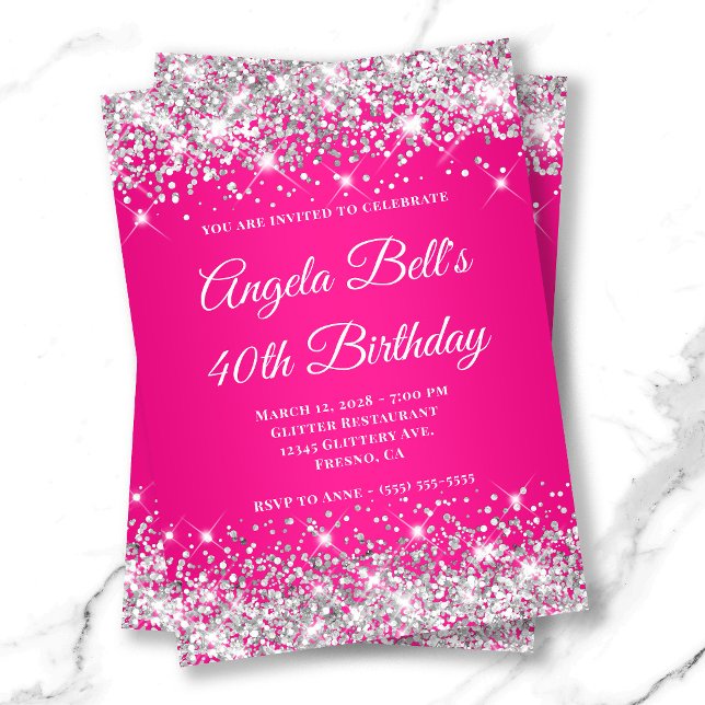 Invitation Glitter Argent Rose Chaud Monogramme 40e Anniversa (Silver Glitter Hot Pink Monogram 40th Birthday Invitation)