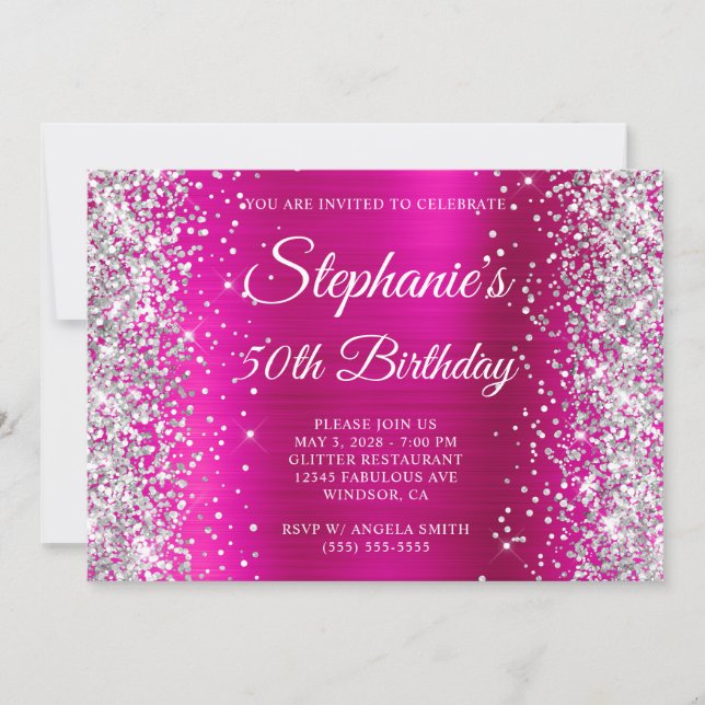 Invitation Glitter Argent Rose Chaude Monogramme 50e Annivers (Devant)