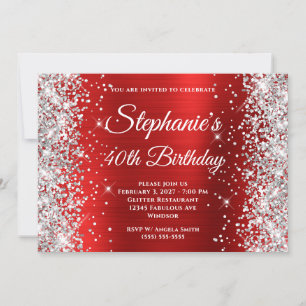 Invitation Glitter Argent Rouge Blanc Monogramme 40e Annivers