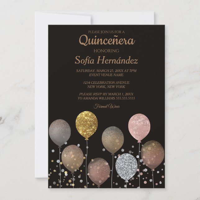 Invitation Glitter Balloon Quinceañera (Devant)