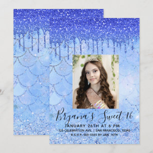 Invitation Glitter Bleu Glacé en Dégoulinade Sirène Photo Swe