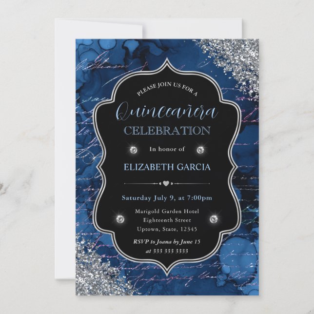 Invitation Glitter Bleu Profond Lettres Sirène Quinceanera (Devant)