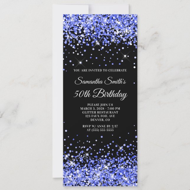 Invitation Glitter Bleu Royal Noir 50e Anniversaire (Devant)