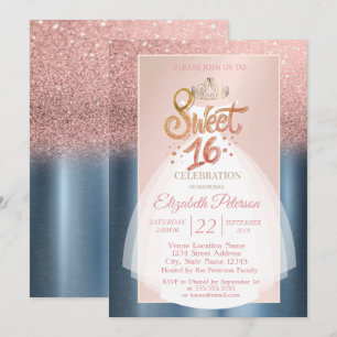 Invitation Glitter Bokeh Ombré, Robe Bleue Douce Fête 16