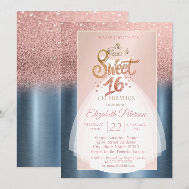 Invitation Glitter Bokeh Ombré, Robe Bleue Douce Fête 16 (Devant / Derrière)