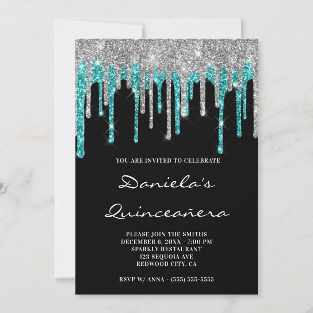 Invitation Glitter Cyanide Argent Gouttes Noire Quinceañera (Devant)