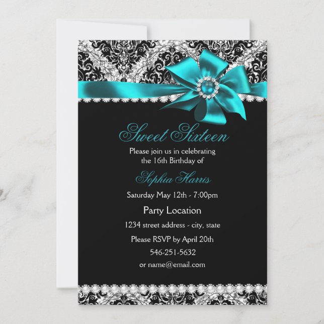 Invitation Glitter Damask & Ruban Bijou Saphyr pou (Devant)