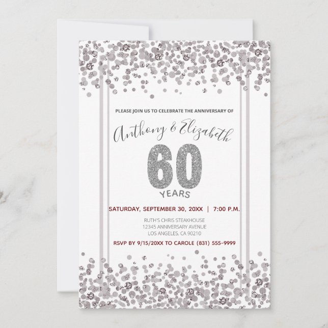 Invitation Glitter de confettis argentés pour les 60 ans de m (Devant)