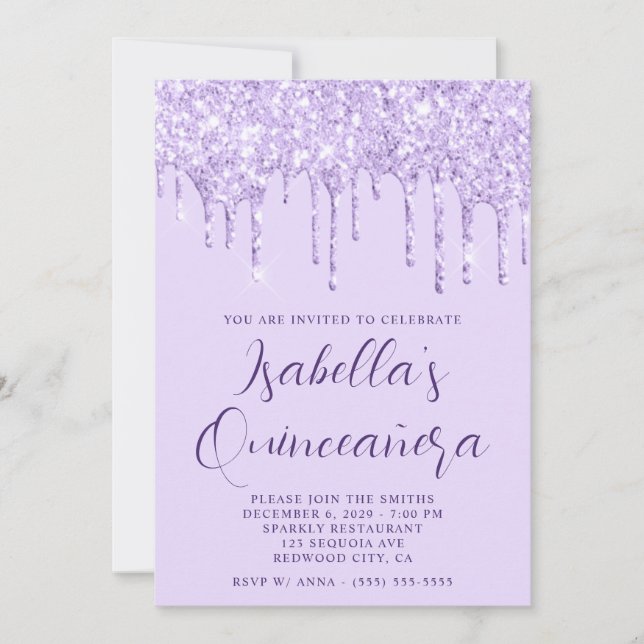 Invitation Glitter de Lavande Clair pour Quinceañera (Devant)