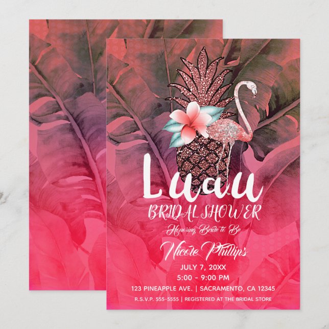 Invitation Glitter de tropical rose pour la réception de mari (Devant / Derrière)