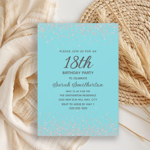 Invitation Glitter Diamant Bleu Aqua Argent 18e Anniversaire