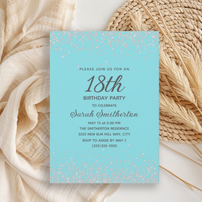 Invitation Glitter Diamant Bleu Aqua Argent 18e Anniversaire (Elegant icy aqua blue and silver glitter women's 18th birthday party invitation)