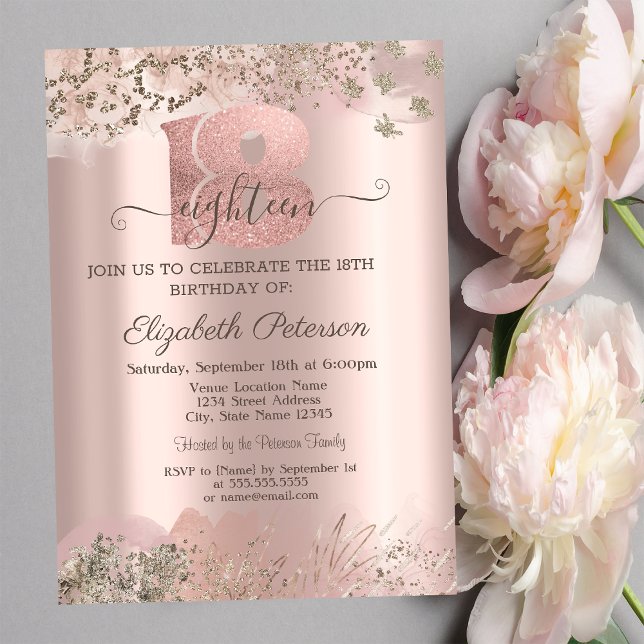 Invitation  Glitter Diamonds Bordure Rose Gold 18e Anniversai (Créateur téléchargé)