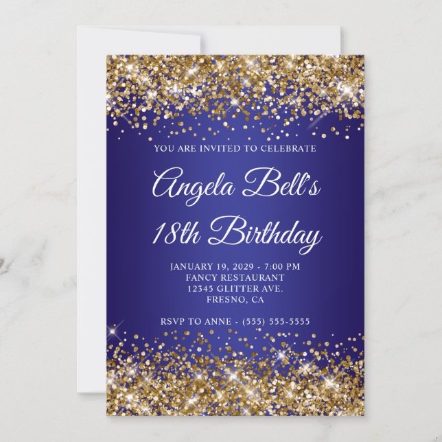 Invitation Glitter Doré Anniversaire 18 Ans Ombre Bleu Profon (Devant)