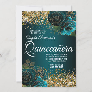 Invitation Glitter Doré Bleu Sarcelle Floral Glam Quinceañera