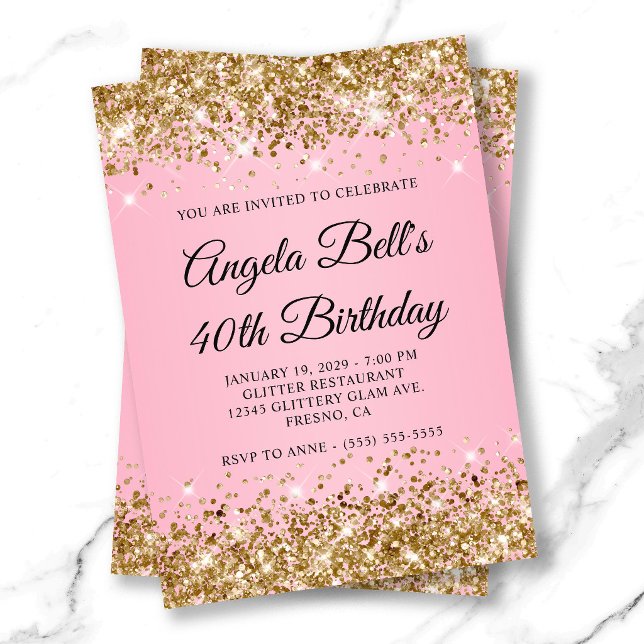 Invitation Glitter Doré Fancy Monogramme 40e Anniversaire (Gold Glitter Pink Fancy Monogram 40th Birthday Invitation)