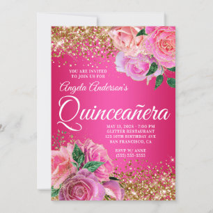 Invitation Glitter Doré Fleur Rose Chaud Glam Quinceañera