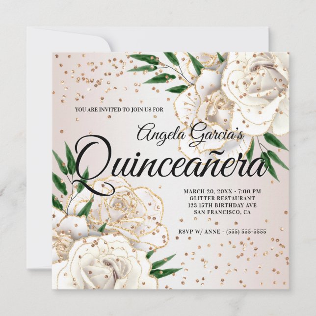 Invitation Glitter Doré Fleurs Blanches Glam Quinceañera (Devant)