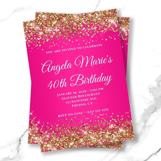 Invitation Glitter Doré Fuschia Fantaisie Monogramme 40e Anni (Gold Glitter Hot Pink Fancy Monogram 40th Birthday Invitation)