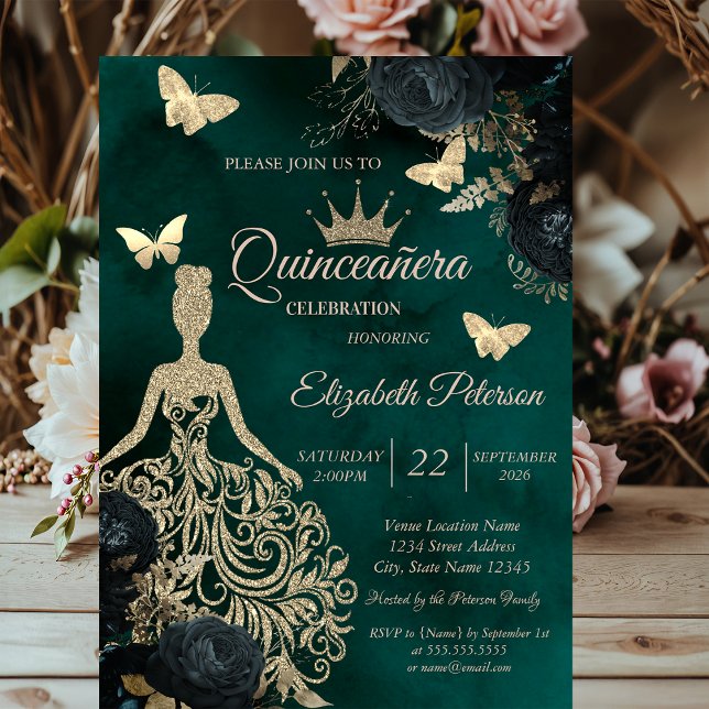 Invitation Glitter Dress,Butterfly Green Roses Quinceañera (Créateur téléchargé)