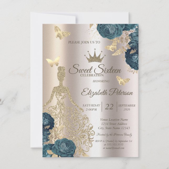 Invitation Glitter Dress,Butterfly Green Roses Sweet 16 (Devant)