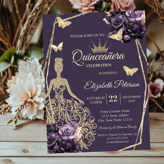 Invitation Glitter Dress,Butterfly Purple Roses Quinceañera (Créateur téléchargé)