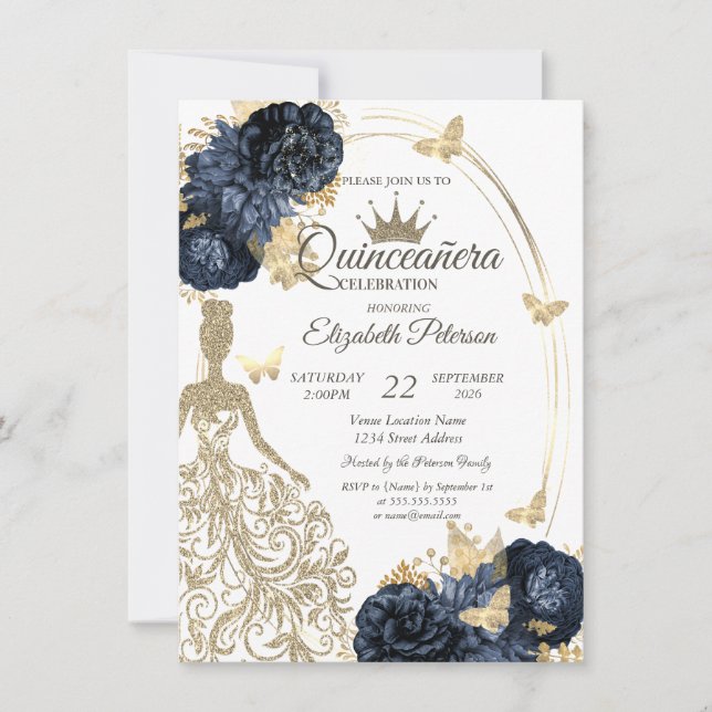 Invitation Glitter Dress,Butterfly Roses Navy BlueQuinceañera (Devant)