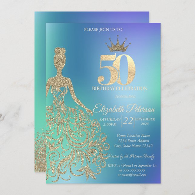 Invitation Glitter Dress, Diamonds Blue Ombre 50th Birthday (Devant / Derrière)