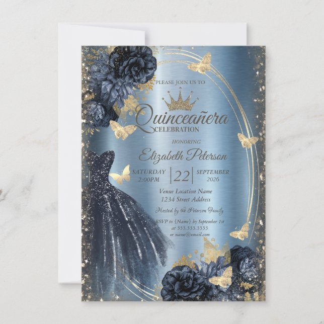 Invitation Glitter Dress,Roses,Butterflies Blue Metallic (Devant)