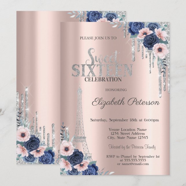 Invitation  Glitter Drip,Tour Eiffel Roses bleues Sweet 16  (Devant / Derrière)