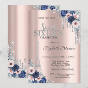 Invitation Glitter Drip,Tour Eiffel Roses bleues Sweet 16