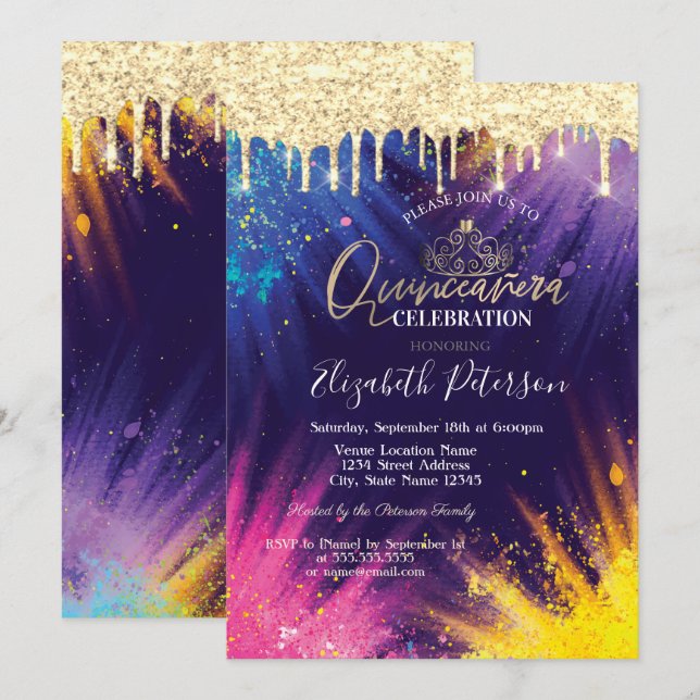 Invitation Glitter Drips Aquarelle Splash Quinceañera (Devant / Derrière)
