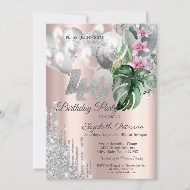 Invitation  Glitter Drips Balloons Fleurs Tropicales 40ème  (Devant)