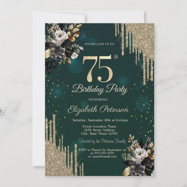 Invitation Glitter Drips Black Roses Green 75th Birthday  (Devant)