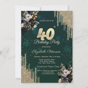 Invitation Glitter Drips Black Roses Vert 40e Anniversaire