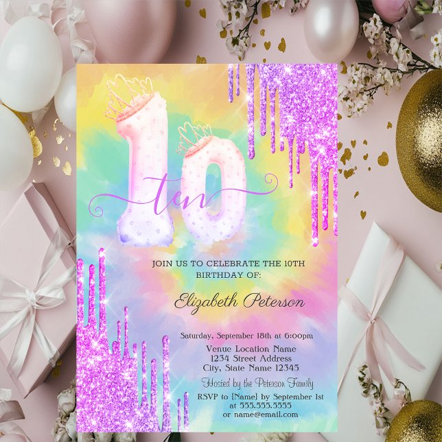 Invitation Glitter Drips Colorful Tie Dye 10th Birthday   (Créateur téléchargé)