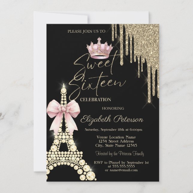 Invitation Glitter Drips,Eiffel Tower Bow Crown Sweet 16  (Devant)