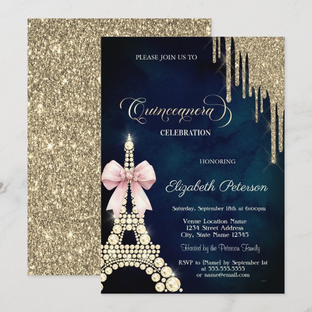 Invitation Glitter Drips,Eiffel Tower Bow Navy Blue  (Devant / Derrière)