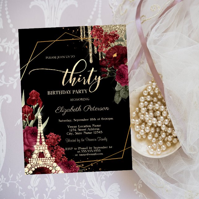 Invitation Glitter Drips,Eiffel Tower Diamants Roses 30ème  (Créateur téléchargé)