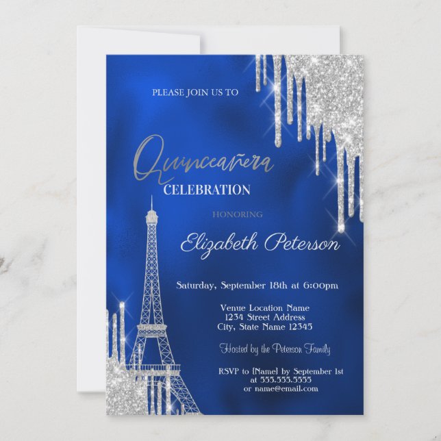 Invitation Glitter Drips, Eiffel Tower Royal Blue Quinceañera (Devant)