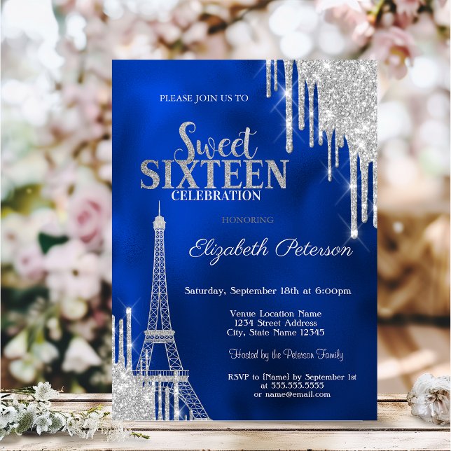 Invitation Glitter Drips, Eiffel Tower Royal Blue Sweet 16 (Créateur téléchargé)