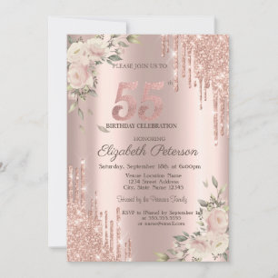 Invitation Glitter Drips Floral Rose Gold Votre Photo 55h 