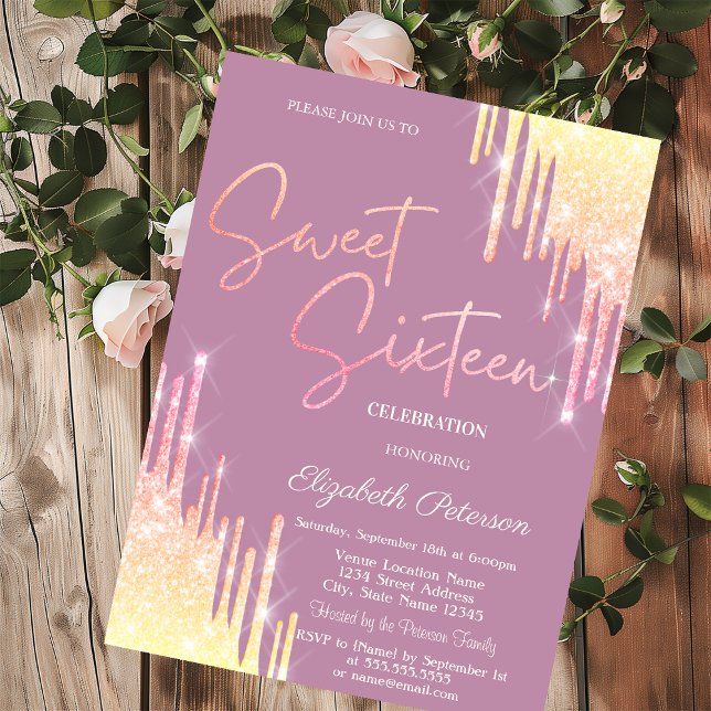 Invitation  Glitter Drips Light Blue Sweet 16   (Créateur téléchargé)