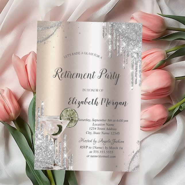Invitation Glitter Drips Martini Rose Gold Retirement (Créateur téléchargé)