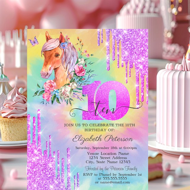 Invitation Glitter Drips Pony Tie Dye 10e Anniversaire  (Créateur téléchargé)