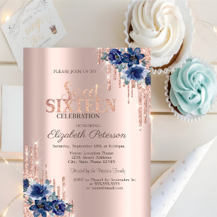 Invitation Glitter Drips Rose Gold Fleurs Bleues Sweet 16